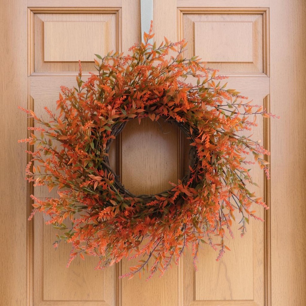 Handmade Autumn Wreath, Orange Greenery Door Decor, Fall Wildflower Accent